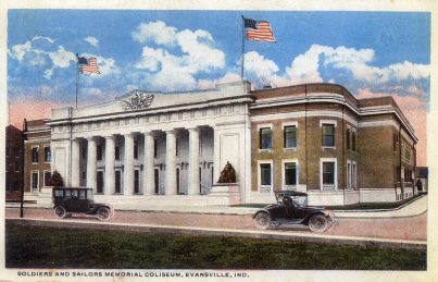 Postcard of Evansville Coliseum Statues